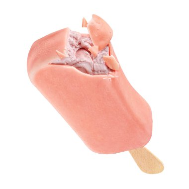 Isırılmış, pembe dondurmalı, kaplamalı buzlu dondurma.