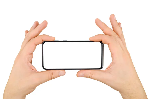 Twee handen houden mobiele telefoon met leeg scherm geïsoleerd — Stockfoto