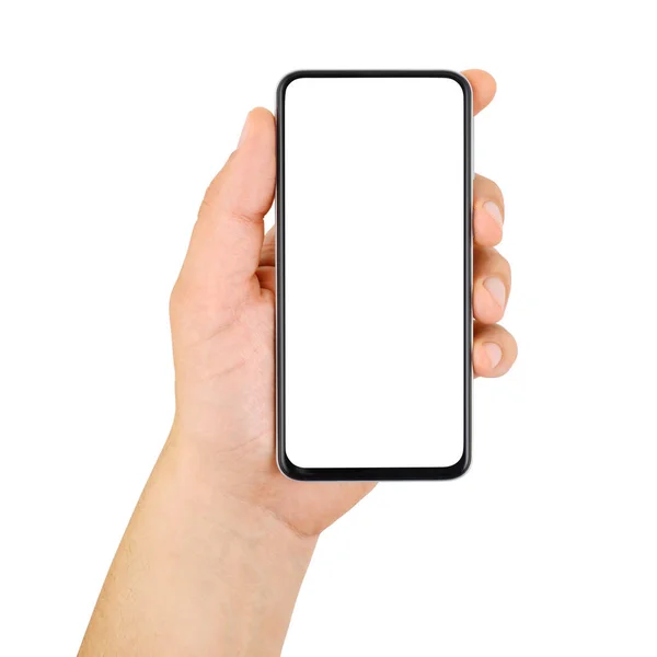Téléphone portable main avec écran vide isolé sur blanc — Photo