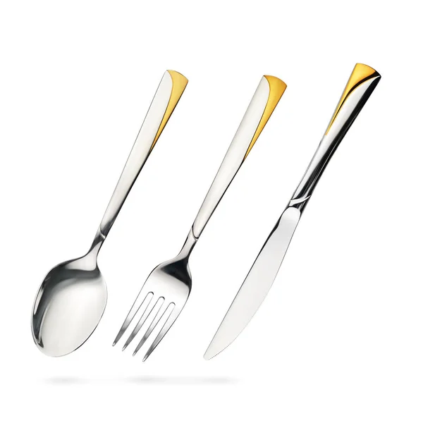 Cucchiaio da tavola vuoto in acciaio, forchetta, coltello isolato su bianco — Foto Stock