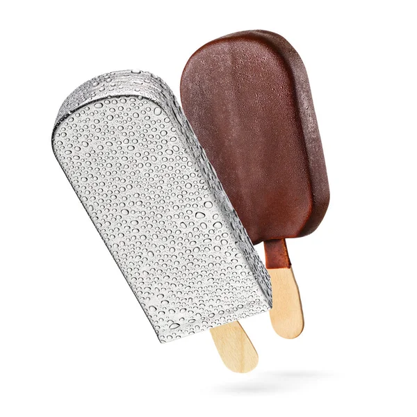 Chocolate ice cream popsicle and metal mold isolated — 스톡 사진