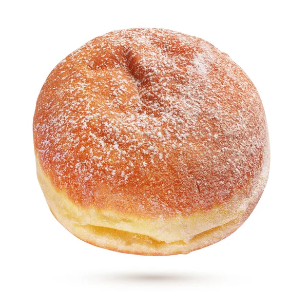 Een Berliner Pfannkuchen Donut Met Suikerpoeder Geïsoleerd Witte Achtergrond — Stockfoto