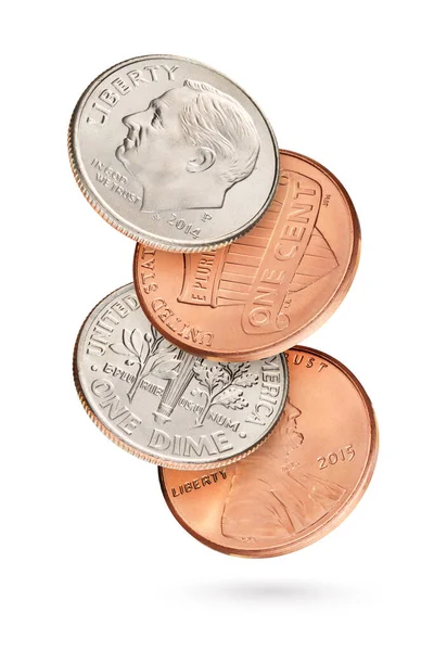 Latający Stos Monet Monetą Dziesięciocentówką Amerykańskie Centy Izolowane Białym Tle — Zdjęcie stockowe