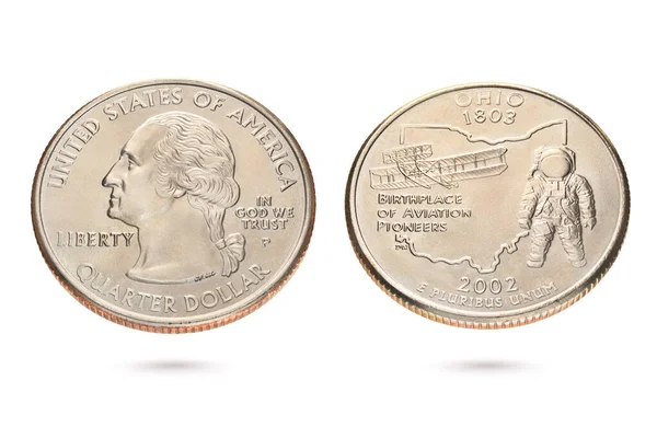 Obu Stronach Dwadzieścia Pięć Centów Amerykańskich Lub Ćwierć Monety Odizolowane — Zdjęcie stockowe
