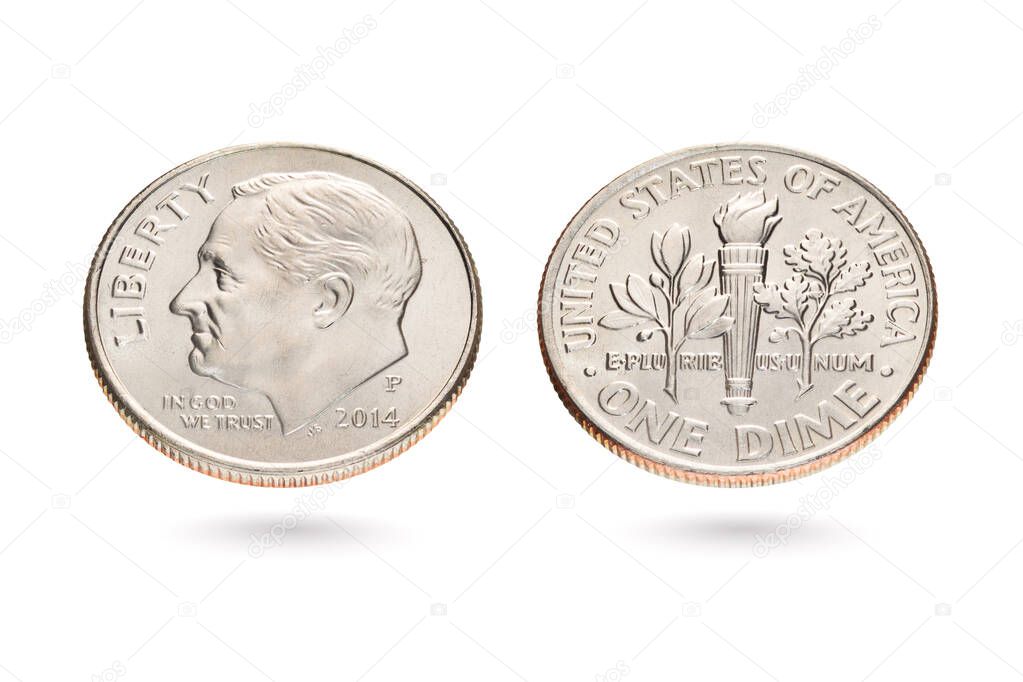 Both sides of ten US cents or dime coin isolated on white background