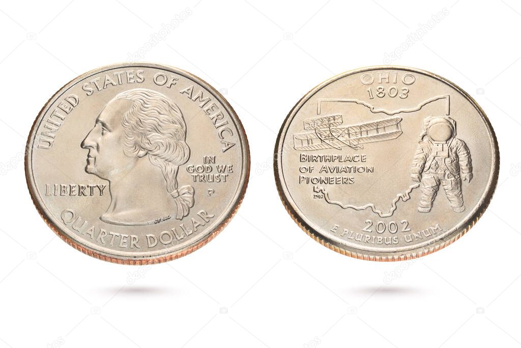 Both sides of twenty five US cents or quarter coin isolated on white background