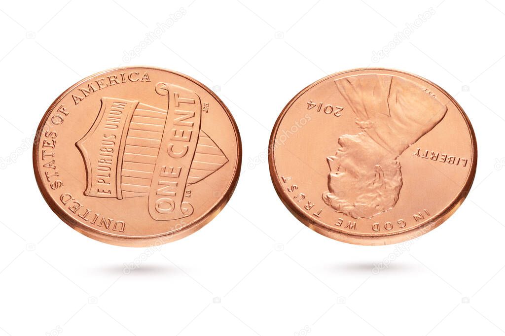 Both sides of one US cent or penny coin isolated on white background
