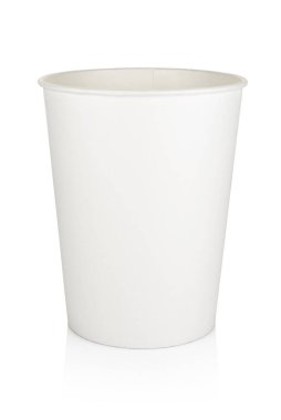 Boş beyaz tek kullanımlık kağıt veya karton yiyecek kovası beyaz arka planda izole edilmiş..