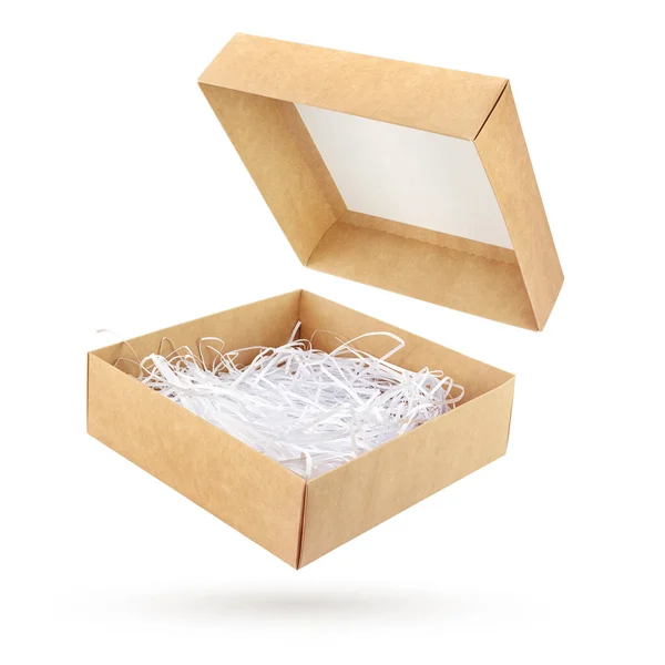 Open Brown Cardboard Gift Box Shredded Paper Isolated White Background — Stock Photo, Image