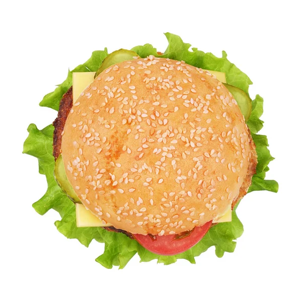 Классический Чизбургер Говядиной Огурцами Сыром Помидорами Белом Фоне Вид Сверху — стоковое фото