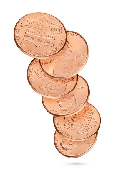 Fliegender Penny Oder Ein Cent Stapel Isoliert Auf Weißem Hintergrund — Stockfoto