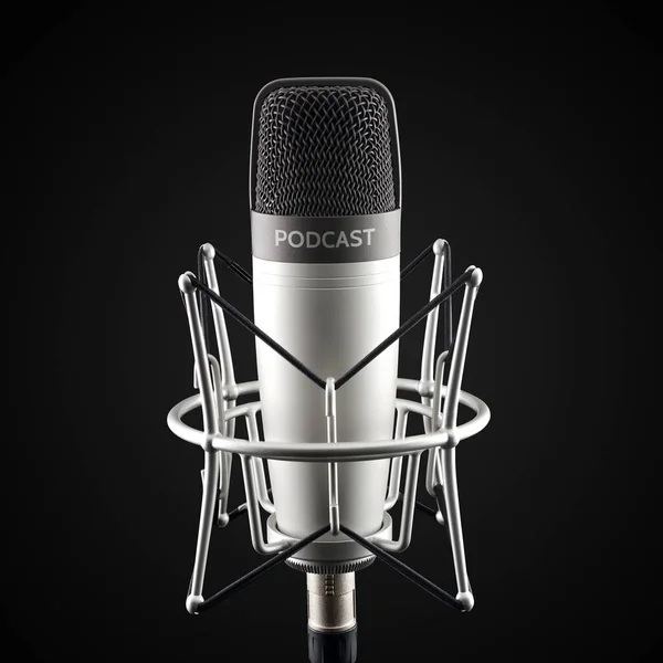 Silver Studio Condenser Microphone Podcast Word Black Background — Stock Photo, Image