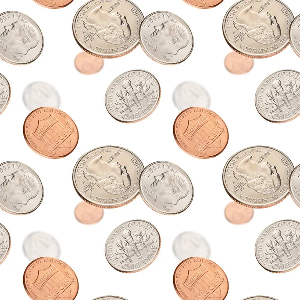 Flying with US penny, dime, quarter, coins on white background. Seamless pattern.