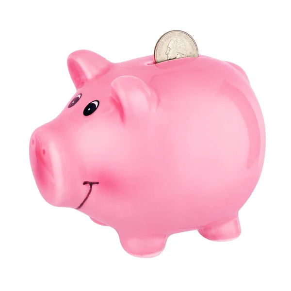 Piggy Bank Rosa Com Moeda Quarto Dólar Isolada Fundo Branco — Fotografia de Stock