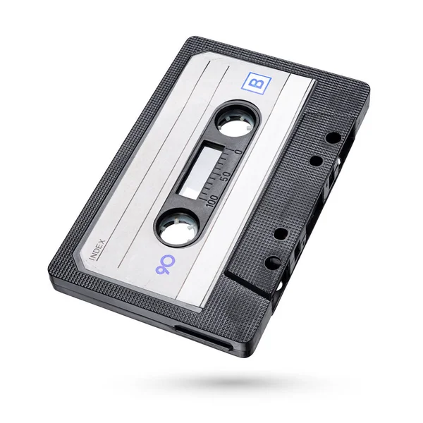 Oude Zwarte Audio Tape Compact Cassette Geïsoleerd Witte Achtergrond Met — Stockfoto