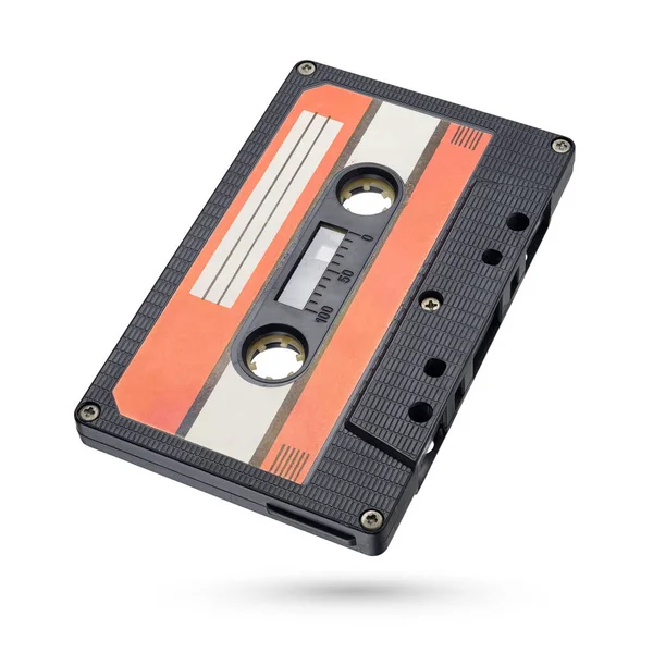 Oude Zwarte Audio Tape Compact Cassette Geïsoleerd Witte Achtergrond Met — Stockfoto