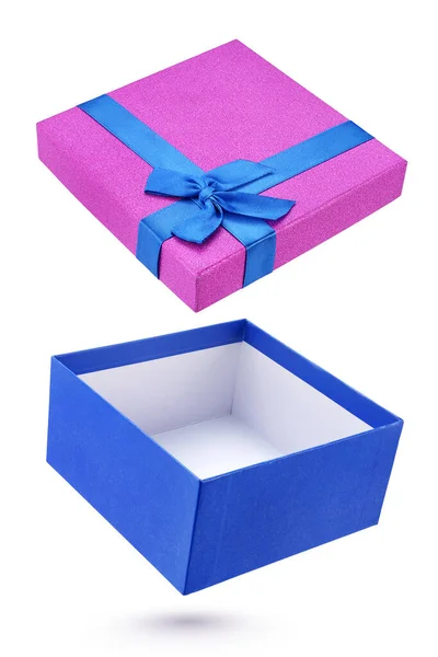 Άνοιγμα Μπλε Και Βιολετί Κουτί Δώρου Που Απομονώνονται Λευκό Φόντο — Φωτογραφία Αρχείου