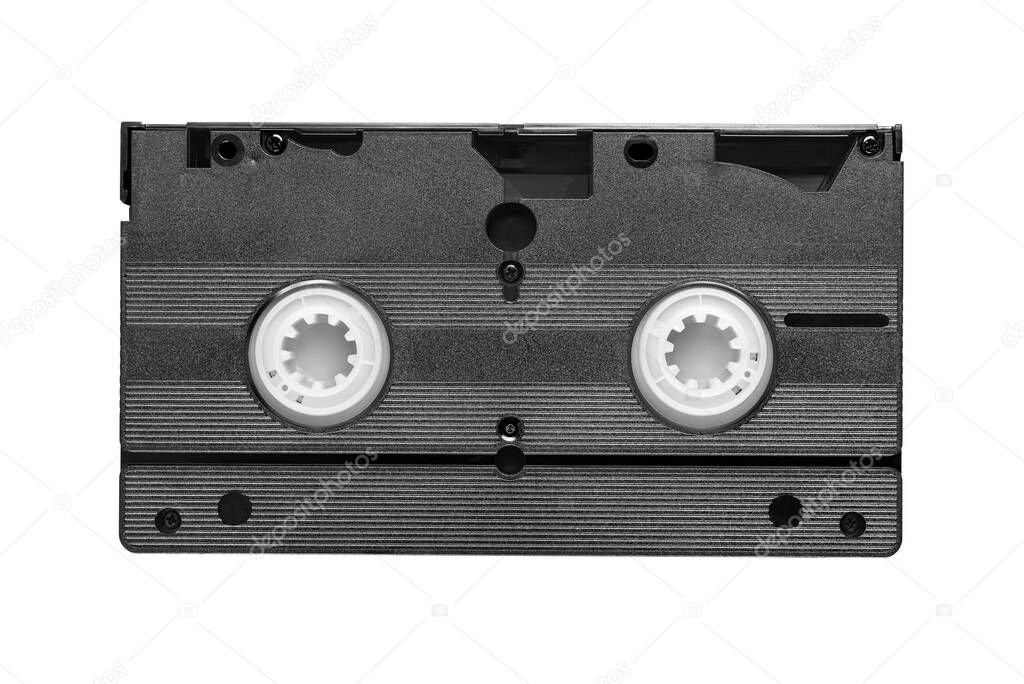 Black VHS video tape cassette isolated on white background. Rear view