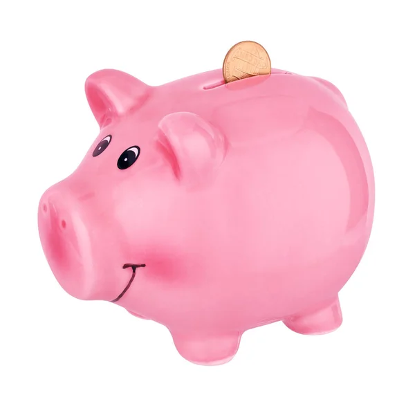 Rózsaszín Malac Bank Penny Egycentes Érme Elszigetelt Fehér Alapon — Stock Fotó