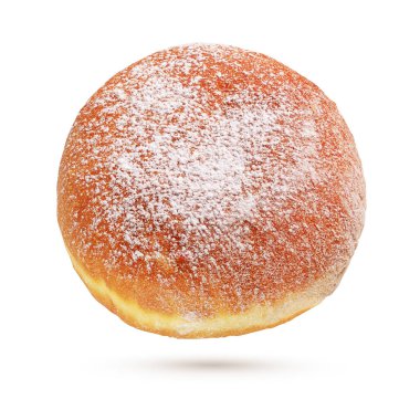 Beyaz arka planda izole edilmiş şeker tozlu bir Berlinli Pfannkuchen veya donut