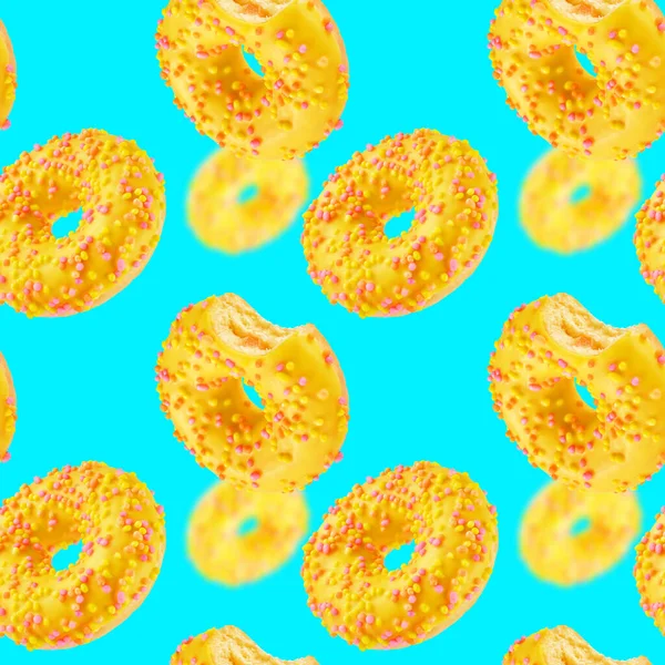 Jede Menge Fliegende Fallende Donuts Auf Blauem Hintergrund Nahtlose Textur — Stockfoto