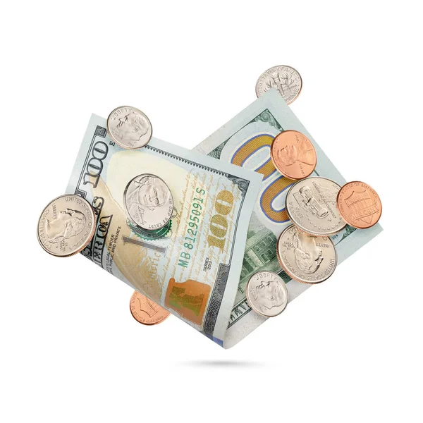 Billete Cien Dólares Monedas Centavo Diferentes Aisladas Sobre Fondo Blanco — Foto de Stock