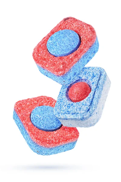 Trzy Tabletki Detergentu Zmywarek Wyizolowane Białym Tle Ścieżką Wycinania — Zdjęcie stockowe