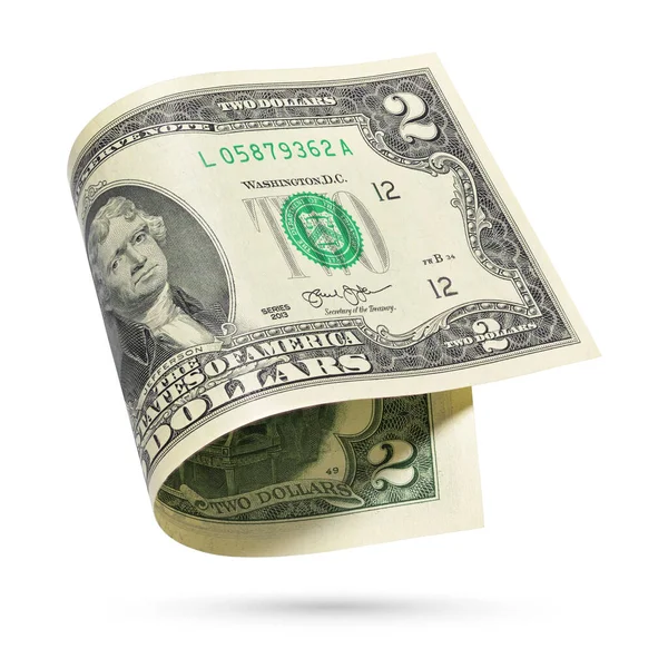 お金2ドル札 白地に隔離された米国通貨銀行券 — ストック写真