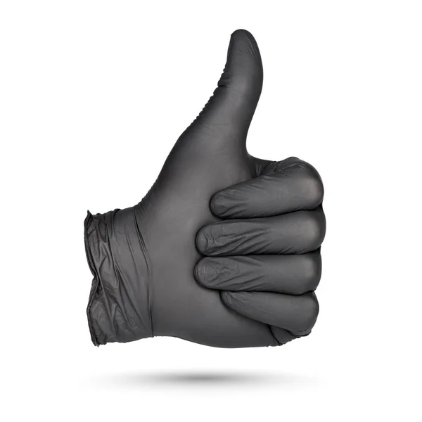 Thumbs Sign Hand Black Nitrile Glove Isolated White Background — Stock Photo, Image