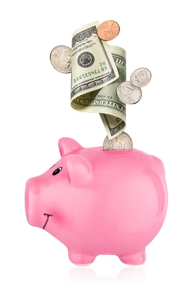 Банк Рожевих Голубів Падінням Американських Центів Долари Ізольовані Білому Тлі — стокове фото