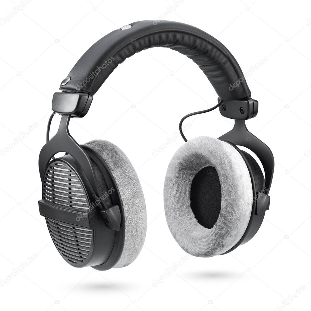 Professional headphones. Black studio over-ear open back earphones isolated on white background