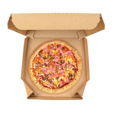 Mozzarella peynirli, jambonlu, soğanlı, pastırmalı, şampiyonlu, lifli paket servis kutusunda.