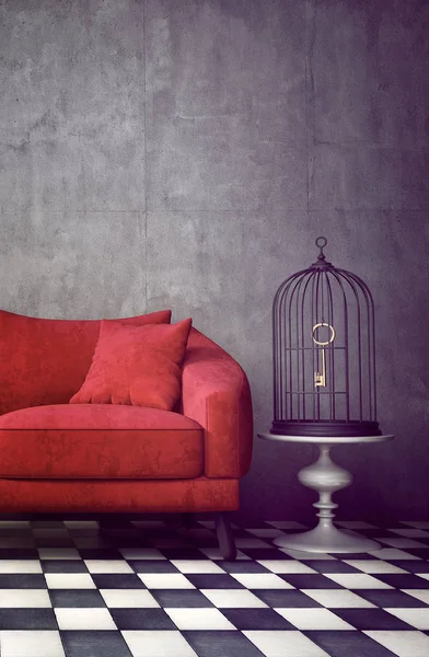 Arredamento moderno della camera con divano rosso — Foto Stock