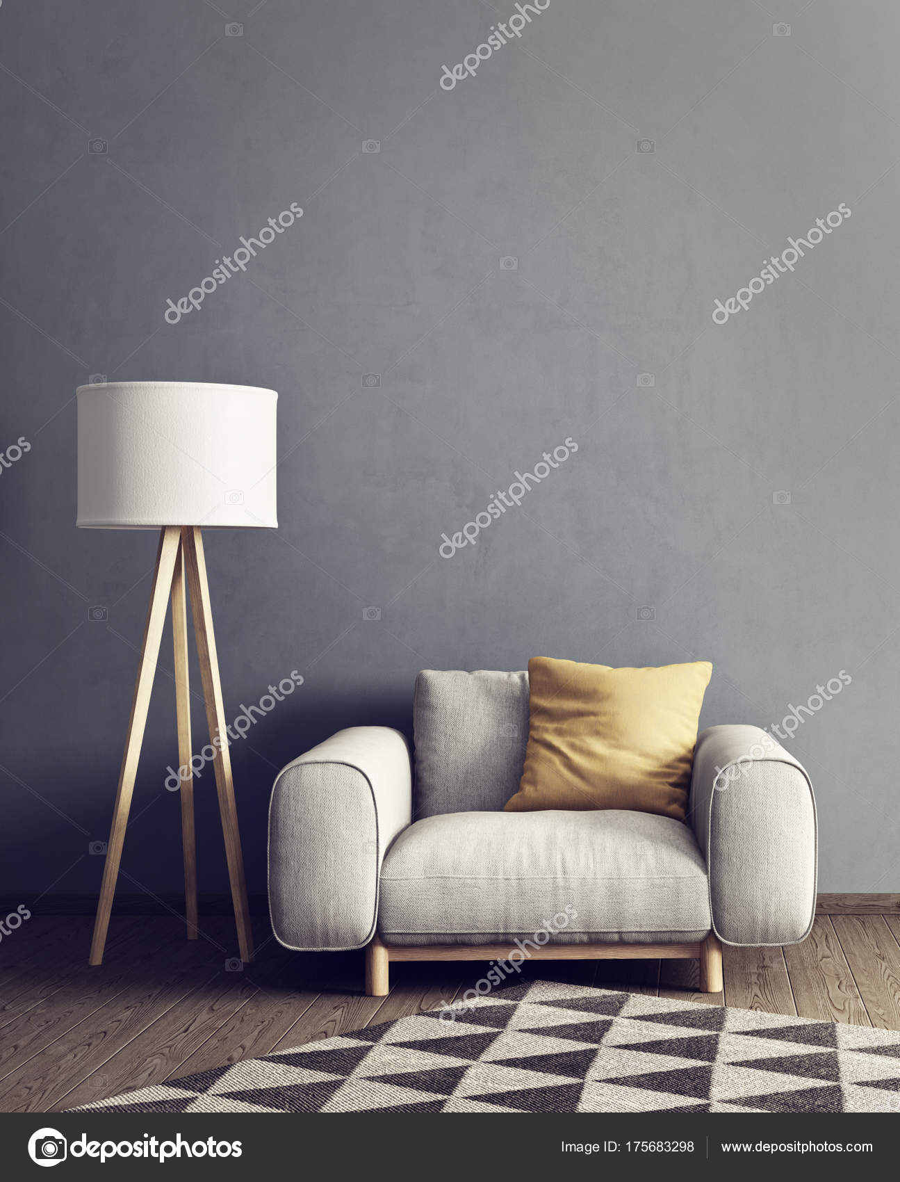 Modern Living Room Grey Armchair Yellow Pillow Lamp