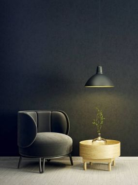 siyah tekli ve lamba modern oturma odası. İskandinav iç tasarım mobilya. 3D render illüstrasyon