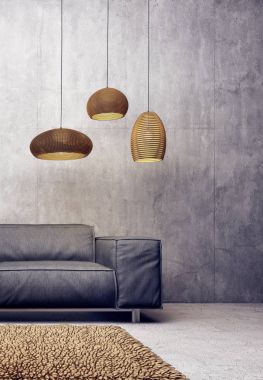gri kanepe ve lambalar ile modern oturma odası. İskandinav iç tasarım mobilya. 3D render illüstrasyon