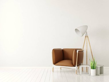 kahverengi koltuk ve lamba ile modern beyaz oturma odası. İskandinav iç tasarım mobilya. 3D render illüstrasyon