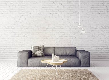 gri kanepe ve lamba ile modern beyaz oturma odası. İskandinav iç tasarım mobilya. 3D render illüstrasyon