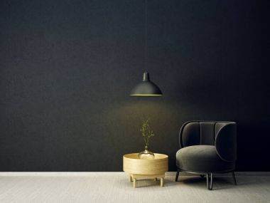 siyah tekli ve lamba modern oturma odası. İskandinav iç tasarım mobilya. 3D render illüstrasyon