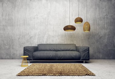 Kanepesi ve lambası olan modern oturma odası. İskandinav iç dizayn mobilyası. 3d resimleme