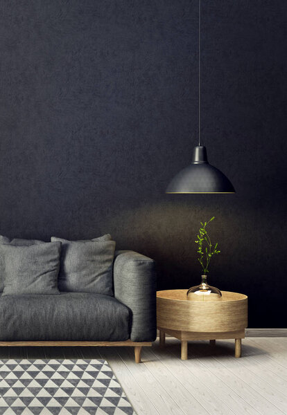 modern living room with grey sofa and lamp. scandinavian interior design furniture. 3d render illustration