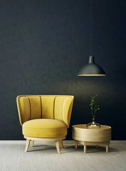 Soggiorno Moderno Con Poltrona Gialla Lampada Mobili Interior Design Scandinavo — Foto Stock