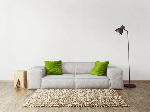 Moderna Sala Estar Con Sofá Blanco Almohadas Verdes Lámpara Muebles — Foto de Stock