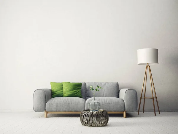 现代客厅有沙发 绿色的枕头和灯 斯堪的纳维亚室内设计家具 渲染插图 — 图库照片