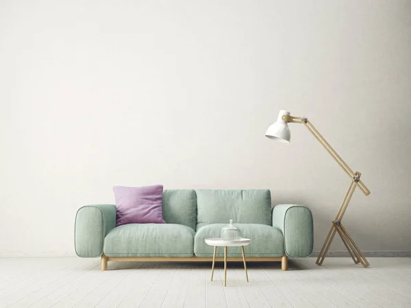 ランプ 紫枕ソファ モダンなリビング ルーム 北欧のインテリア デザインの家具 レンダリング図 — ストック写真