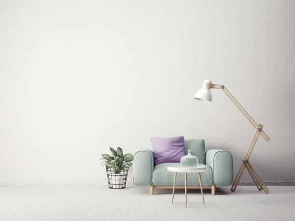 Modern Oturma Odası Koltuk Lamba Bitki Ile Skandinav Tasarım Mobilya — Stok fotoğraf