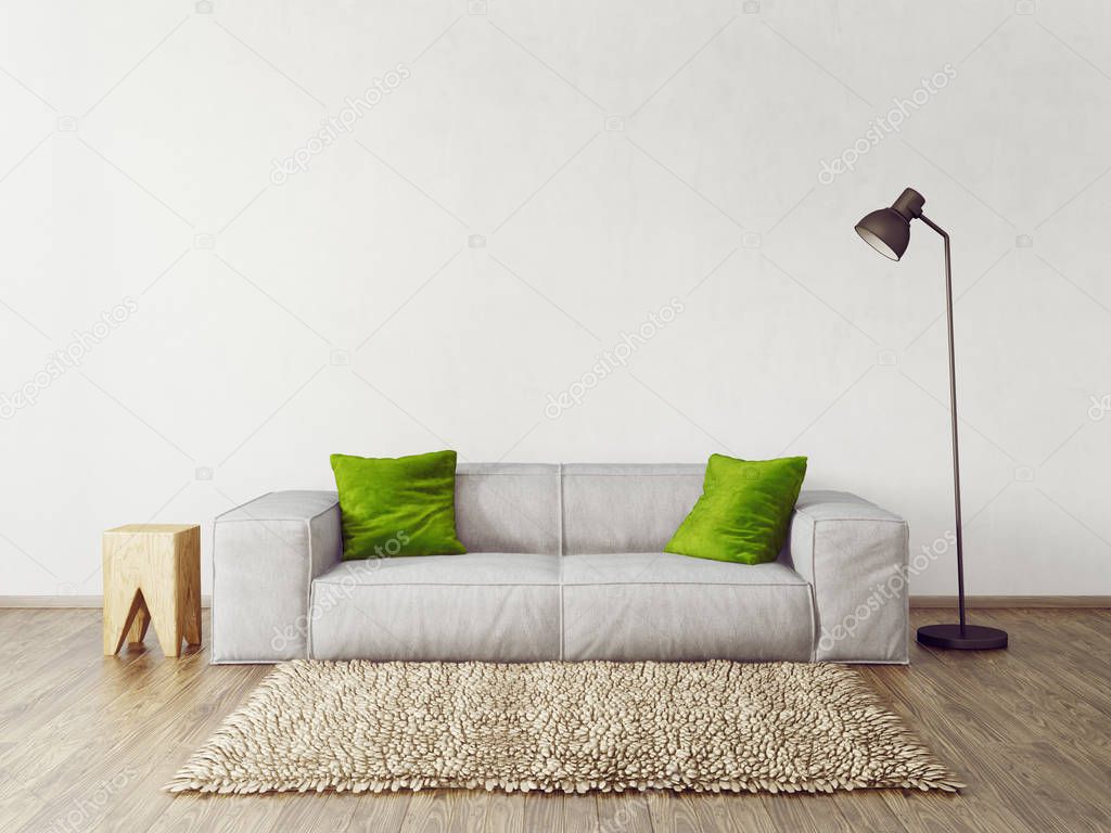modern living room with white sofa, green pillows and lamp. scandinavian interior design furniture. 3d render illustration