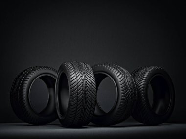 karanlık bir arka plan üzerinde siyah lastik. 3D çizim