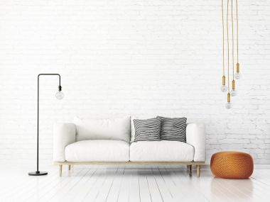 Kanepesi ve lambası olan modern oturma odası. İskandinav iç dizayn mobilyası. 3d resimleme