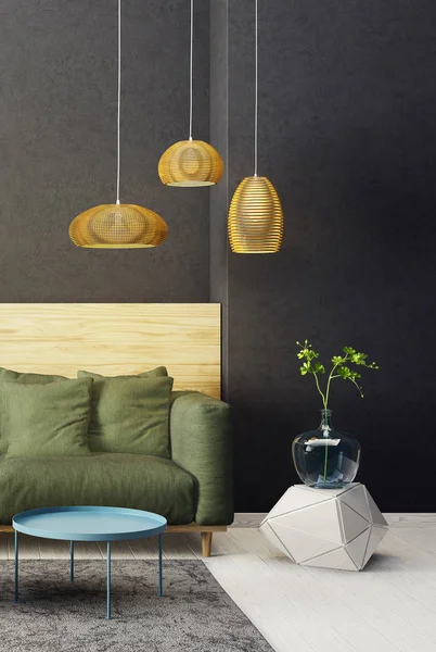 modern living room with green sofa and lamp. scandinavian interior design furniture. 3d render illustration